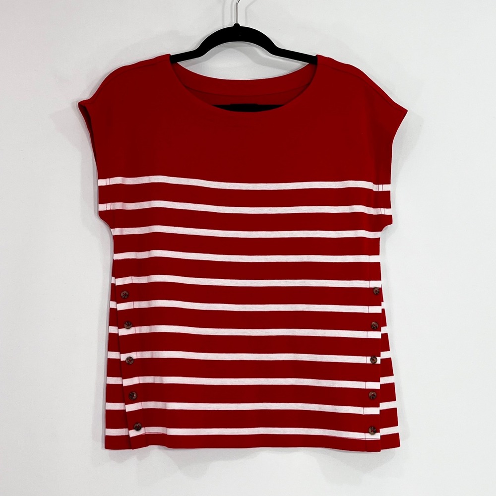 Chaps Womens Red White Striped Side Button Short Sleeve Knit Top Size S